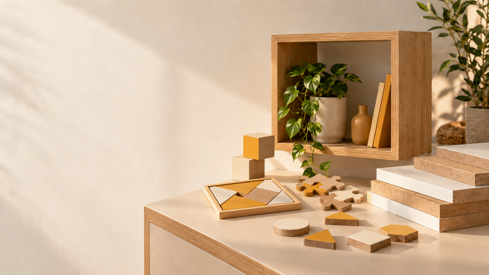 Composição com nicho, quebra-cabeças, cubos e formas geométricas de MDF em tons creme e âmbar