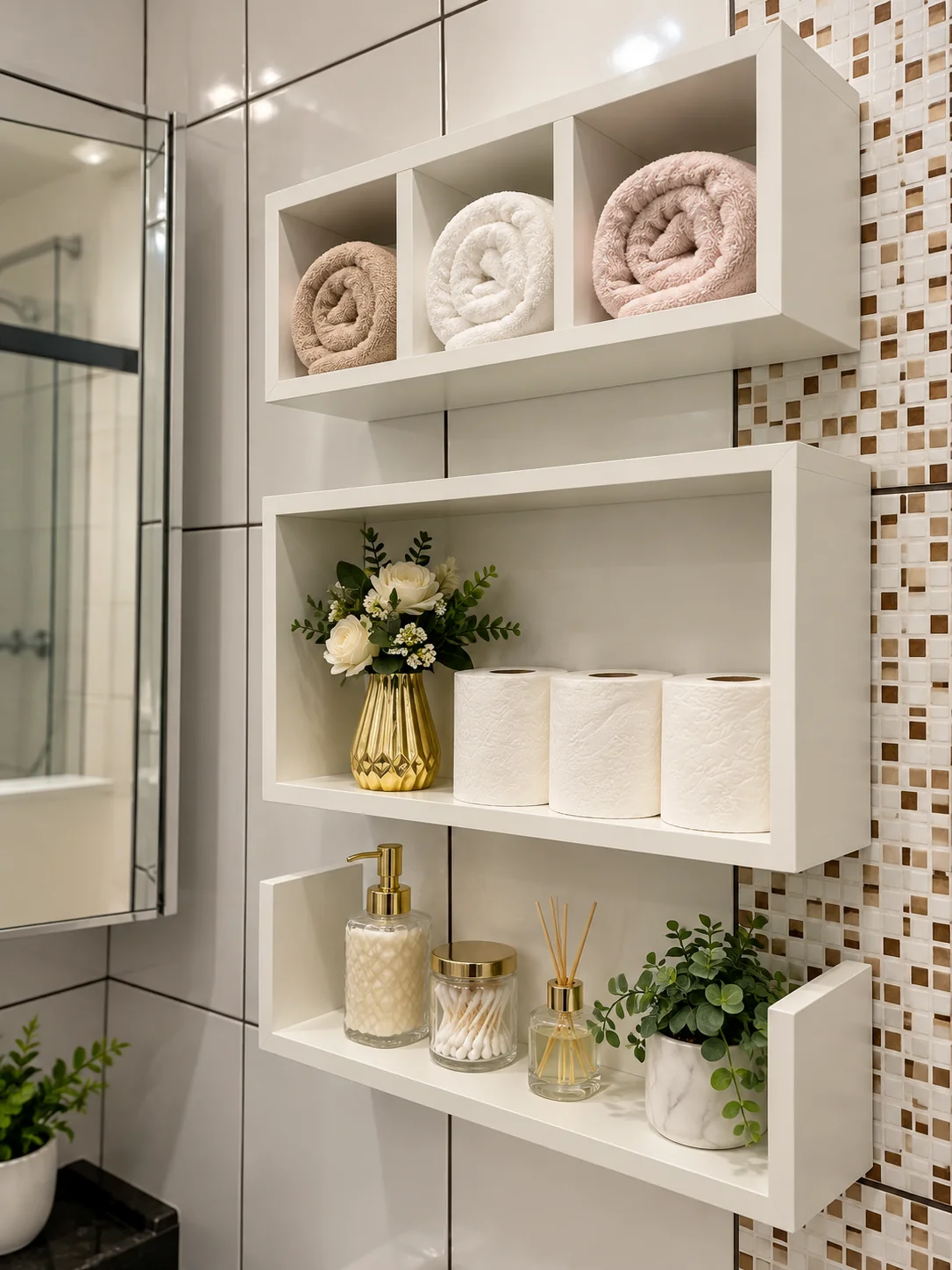 Kit com 3 nichos de banheiro em MDF branco instalado em ambiente decorado